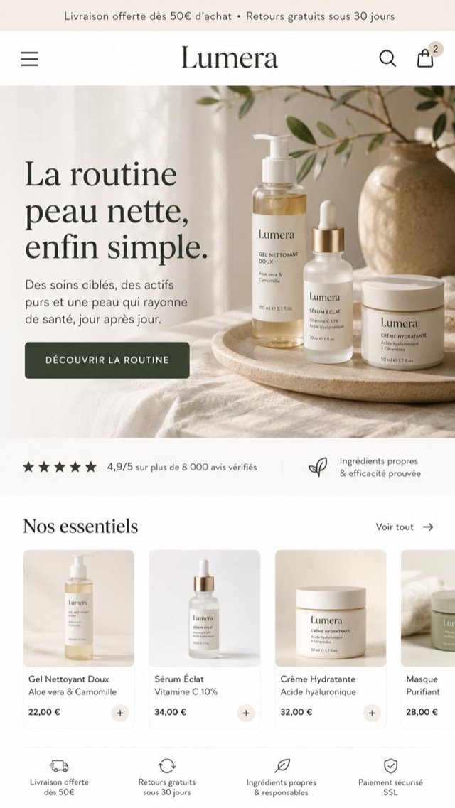Boutique Shopify Lumera — Skincare, générée par l'app