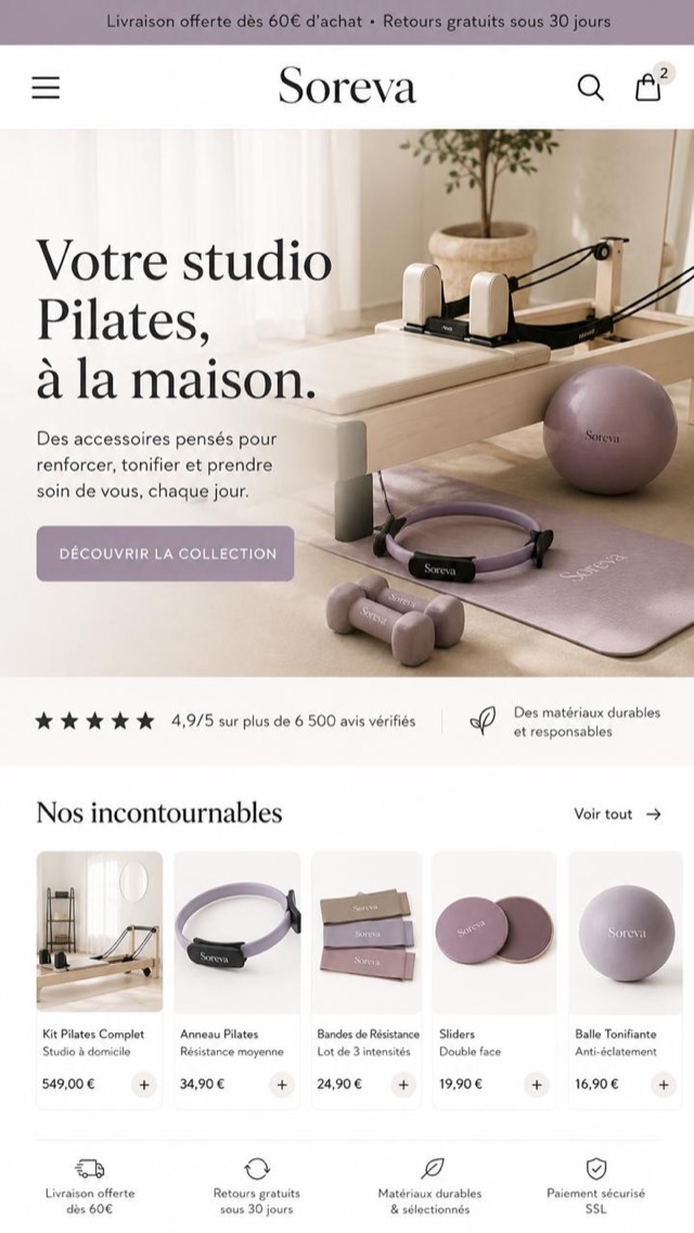 Boutique Shopify Soreva — Pilates à la maison, générée par l'app