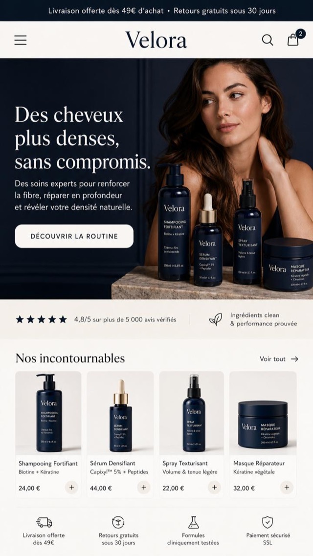 Boutique Shopify Velora — Soins cheveux, générée par l'app
